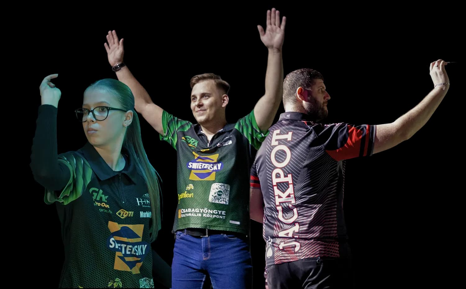 Három profi darts játékos pózol; promóciós banner a Csabagyöngye Darts Gálához.